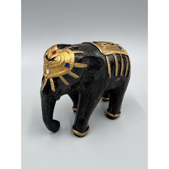 Vintage Black & Gold Colored Jeweled Elephant Wooden Painted Figurine 4” - Picture 1 of 9